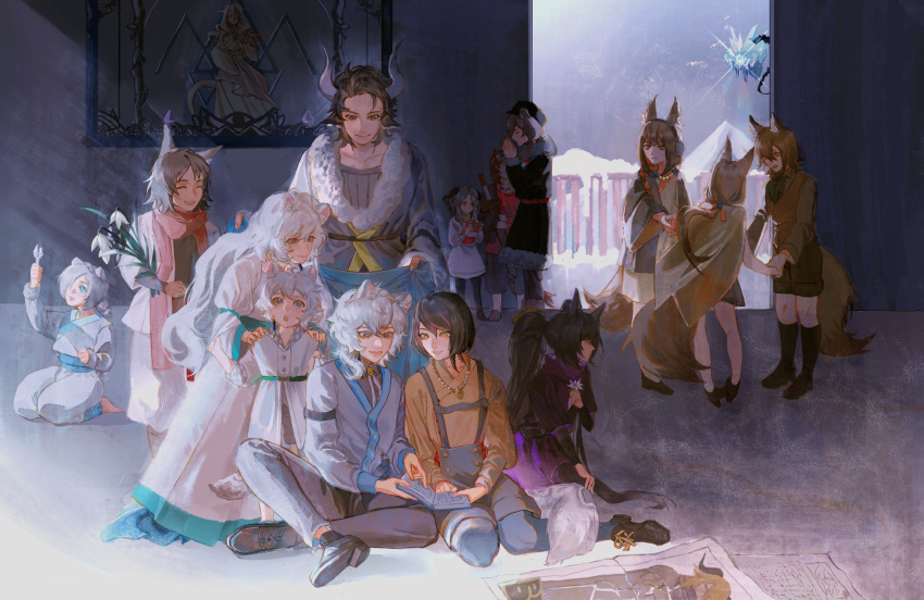 6+boys 6+girls :d :o aged_down animal_ear_fluff animal_ears arctosz_paleroche_(arknights) arknights aurora_(arknights) bear_ears black_coat black_footwear black_hair black_headwear black_shirt black_shorts black_socks blue_eyes book brown_hair brown_shirt cape cliffheart_(arknights) closed_eyes closed_mouth coat courier_(arknights) deer_ears degenbrecher_(arknights) dress drone earmuffs fingernails flower fox_ears fox_tail fur-trimmed_coat fur_trim gnosis_(arknights) goat_horns grey_eyes grey_hair grey_pants grey_shirt gulo_(arknights) hair_over_one_eye hanamotoex hands_on_another's_shoulders highres holding holding_book holding_flower holding_wrench horns jacket kjera_(arknights) leopard_ears leopard_tail long_hair looking_at_another matterhorn_(arknights) monch_(arknights) multicolored_hair multiple_boys multiple_girls one_eye_covered open_book open_clothes open_jacket open_mouth own_hands_together painting_(object) pants pramanix_(arknights) praying puffy_pants purple_flower purple_scarf purple_skirt ratatos_browntail_(arknights) red_eyes red_hair red_scarf red_shirt scarf sciurus_browntail_(arknights) shirt shoes short_hair short_ponytail shorts silverash_(arknights) skirt smile socks streaked_hair suspenders sword tail twintails valais_(arknights) vest weapon white_dress white_flower white_jacket white_pants white_shirt wooden_sword wrench yellow_cape yellow_eyes yellow_shirt yellow_vest yucatan_(arknights)