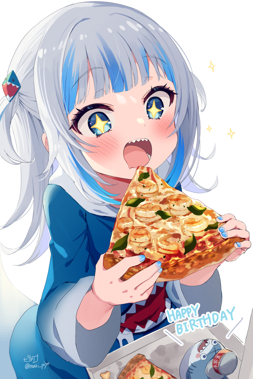 +_+ 1girl absurdres animal_costume bloop_(gawr_gura) blue_eyes blue_hair blue_hoodie blue_nails blunt_bangs blush commentary drooling english_text eyelashes fingernails fins fish_tail food gawr_gura gawr_gura_(1st_costume) grey_hair hair_ornament happy_birthday highres holding holding_food hololive hololive_english hood hoodie long_sleeves medium_hair mouth_drool multicolored_hair nail_polish open_mouth piyoyanagi pizza pizza_box pizza_slice raised_eyebrows shark_costume shark_girl shark_hair_ornament shark_print shark_tail sharp_teeth sidelocks simple_background sparkle streaked_hair symbol-only_commentary tail teeth twitter_username two_side_up virtual_youtuber white_background white_hood wide_sleeves