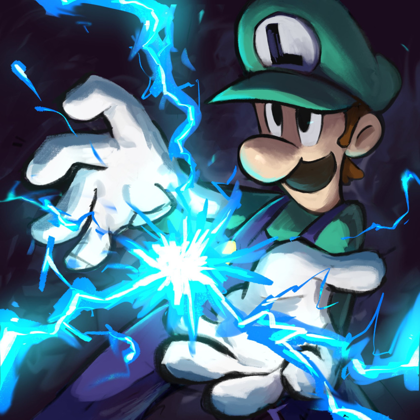 1boy alternate_color_hat big_nose blue_overalls brown_hair facial_hair gloves green_headwear green_shirt hat highres luigi male_focus mario_&amp;_luigi:_superstar_saga mario_&amp;_luigi_rpg mario_(series) masanori_sato_(style) mustache official_style overalls plumber shirt short_hair thunder white_gloves ya_mari_6363