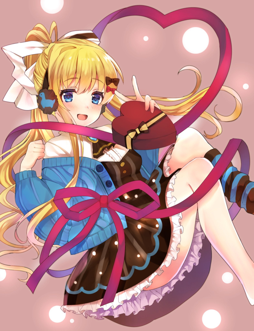 :d air_(visual_novel) alternate_costume asymmetrical_legwear black_dress blonde_hair blue_cardigan blue_eyes blush box brown_background cardigan casual center_frills clenched_hand commentary_request dress eyelashes feet_out_of_frame floating_hair frilled_dress frills fur-trimmed_headphones gift hair_between_eyes hair_ribbon headphones heart heart-shaped_box heart_of_string highres holding holding_gift kamio_misuzu knees_up long_hair looking_at_viewer mismatched_legwear off_shoulder open_cardigan open_clothes open_mouth ponytail red_ribbon ribbon shirt sidelocks single_sock sitting smile socks striped striped_socks sun v very_long_hair w_arms white_ribbon white_shirt yellow_ribbon yushima