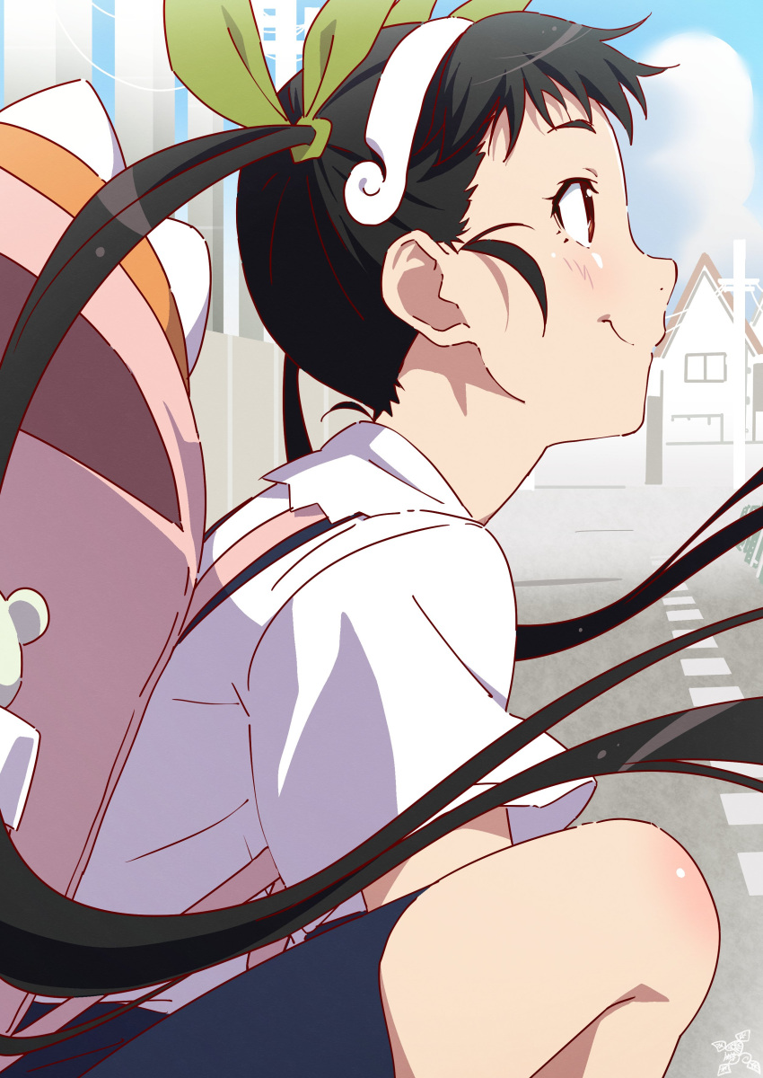 1girl absurdres backpack bag black_hair blue_sky blush closed_mouth cloud day green_ribbon hachikuji_mayoi hair_ribbon hairband highres long_hair makicha_(sasurainopink) making-of_available monogatari_(series) outdoors profile red_eyes ribbon school_uniform shirt short_sleeves sky smile solo twintails white_hairband white_shirt