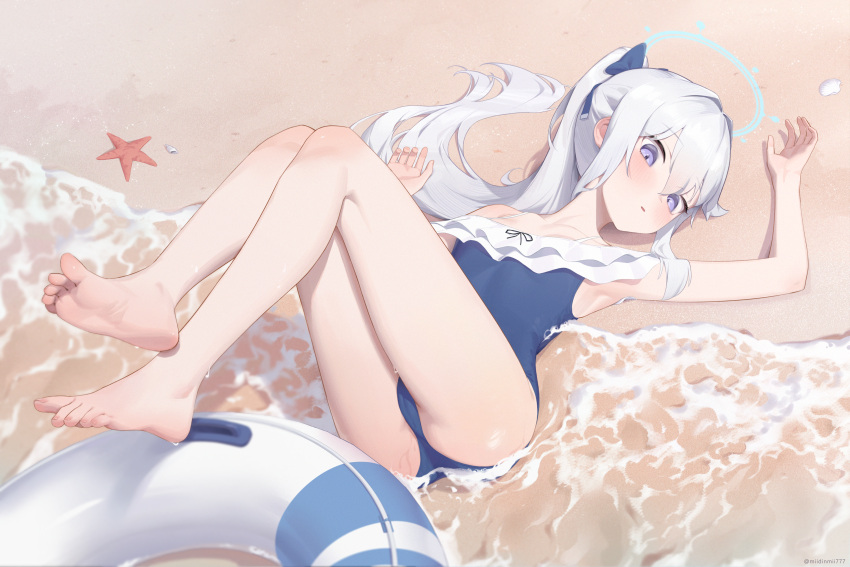 1girl absurdres arm_up armpits ass barefoot beach bei_liou blue_archive blue_bow blue_halo blue_one-piece_swimsuit bow breasts casual_one-piece_swimsuit commentary eyelashes feet frilled_one-piece_swimsuit frills full_body grey_hair hair_between_eyes hair_bow hair_intakes halo hand_up highres innertube knees_together_feet_apart knees_up legs long_hair looking_at_viewer lying miyako_(blue_archive) miyako_(swimsuit)_(blue_archive) off-shoulder_one-piece_swimsuit off_shoulder official_alternate_costume on_back one-piece_swimsuit outdoors parted_lips ponytail purple_eyes revision small_breasts soles solo starfish swimsuit thighs toenails toes two-tone_one-piece_swimsuit white_innertube