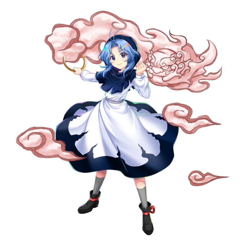 1boy 1girl antenna_hair black_footwear blue_eyes blue_hair clenched_hand closed_mouth dress full_body game_cg grey_socks highres hood hoop kesa kumoi_ichirin long_sleeves looking_at_viewer parted_bangs rotte_(1109) simple_background smile socks third-party_source touhou touhou_lost_word unzan white_background white_dress