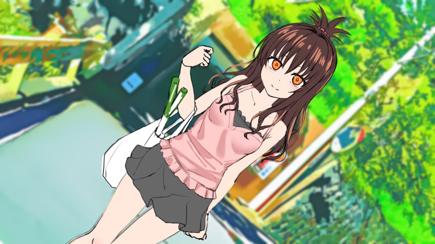 1girl absurdres arm_at_side bag bare_arms bare_shoulders breasts brown_hair collarbone commentary_request day dutch_angle food grey_skirt hand_up highres long_hair miniskirt orange_eyes outdoors pink_top skirt small_breasts smile solo standing to_love-ru touchuu_kasou tree yuuki_mikan