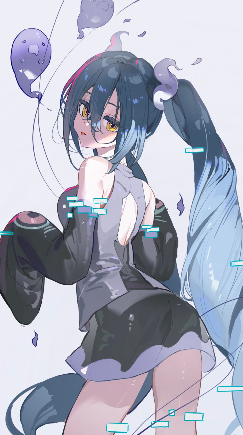 1girl absurdres ass back_cutout bare_shoulders blue_hair breasts clothing_cutout detached_sleeves from_behind ghost ghost_miku_(project_voltage) grey_background grey_shirt hair_between_eyes hatsune_miku highres long_hair looking_at_viewer looking_back medium_breasts neonneon321 pokemon project_voltage see-through see-through_skirt shirt simple_background skirt sleeveless sleeveless_shirt sleeves_past_fingers sleeves_past_wrists solo tongue tongue_out twintails very_long_hair vocaloid yellow_eyes
