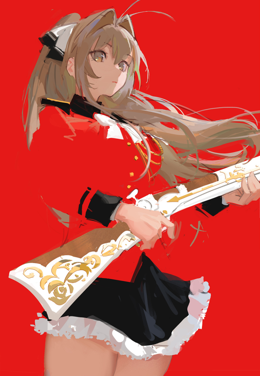 1girl aiguillette amagi_brilliant_park antenna_hair black_skirt blending bow bowtie breasts brown_eyes brown_hair closed_mouth collared_jacket cowboy_shot epaulettes eyelashes floating_hair frilled_skirt frills gun hair_between_eyes hair_intakes highres holding jacket large_breasts long_hair long_sleeves looking_at_viewer military military_uniform musket ponytail qosic red_background red_jacket sento_isuzu shadow sidelocks sketch skirt solo standing thighs uniform weapon white_bow white_bowtie