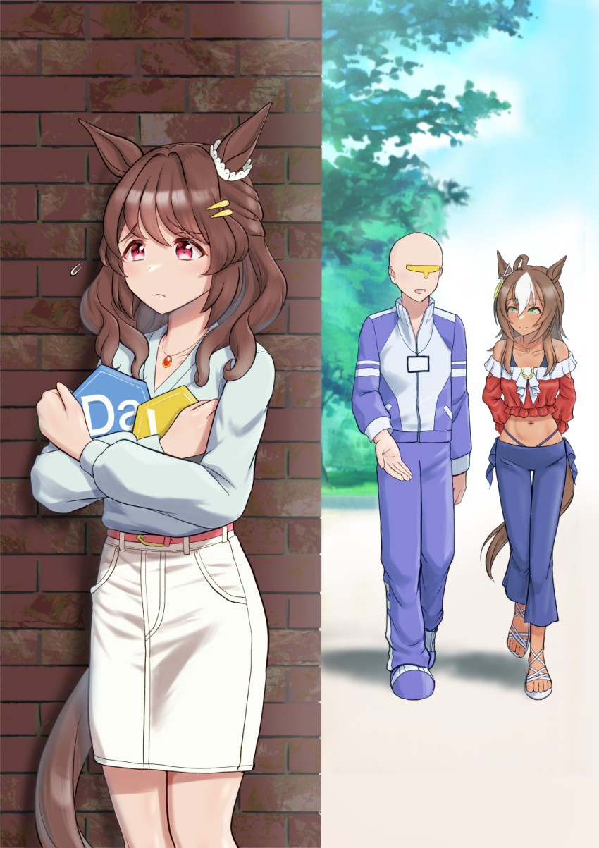 1boy 2girls ahoge animal_ears arms_behind_back bald bare_shoulders bikini bikini_under_clothes black_bikini blue_shirt blush breasts brick_wall brown_hair closed_mouth collarbone commentary_request crop_top dark-skinned_female dark_skin darley_arabian_(umamusume) ear_ornament ear_scrunchie frilled_shirt frills frown full_body gameplay_mechanics green_eyes hair_between_eyes hair_ornament hairclip highleg highleg_bikini highres holding horse_ears horse_girl horse_tail jacket jewelry light_hello_(umamusume) long_hair long_sleeves looking_at_another midriff multicolored_hair multiple_girls navel necklace off-shoulder_shirt off_shoulder open_mouth outdoors pants pendant purple_pants red_shirt sandals shadow shirt sidelocks skirt small_breasts smile standing swimsuit t-head_trainer tail tracen_training_uniform track_suit two-tone_hair umamusume white_hair white_skirt yamano_boriko