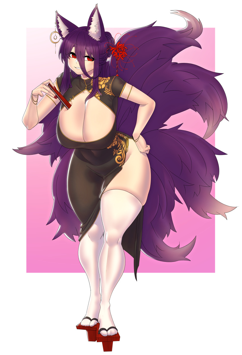 absurdres bracelet breasts chinese_clothes commission copyright_request curvy fox gintm hair_ornament hand_fan highres huge_breasts jewelry long_hair multiple_tails purple_hair red_eyes smile tail thick_thighs thighhighs thighs