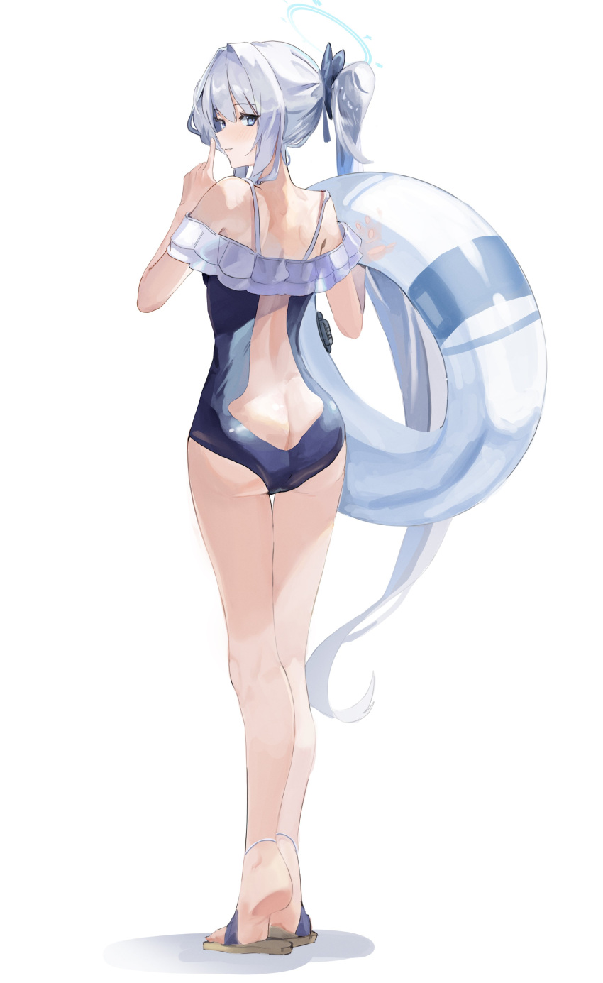 1girl absurdres ass back_cutout blue_archive blue_one-piece_swimsuit blush closed_mouth clothing_cutout feet frilled_one-piece_swimsuit frills from_behind full_body ggab0621 grey_eyes grey_hair hair_intakes hands_up highres holding innertube legs long_hair looking_at_viewer looking_back miyako_(swimsuit)_(blue_archive) off-shoulder_one-piece_swimsuit off_shoulder one-piece_swimsuit pointing pointing_up sandals shadow sidelocks simple_background smile soles solo swimsuit very_long_hair white_background white_innertube