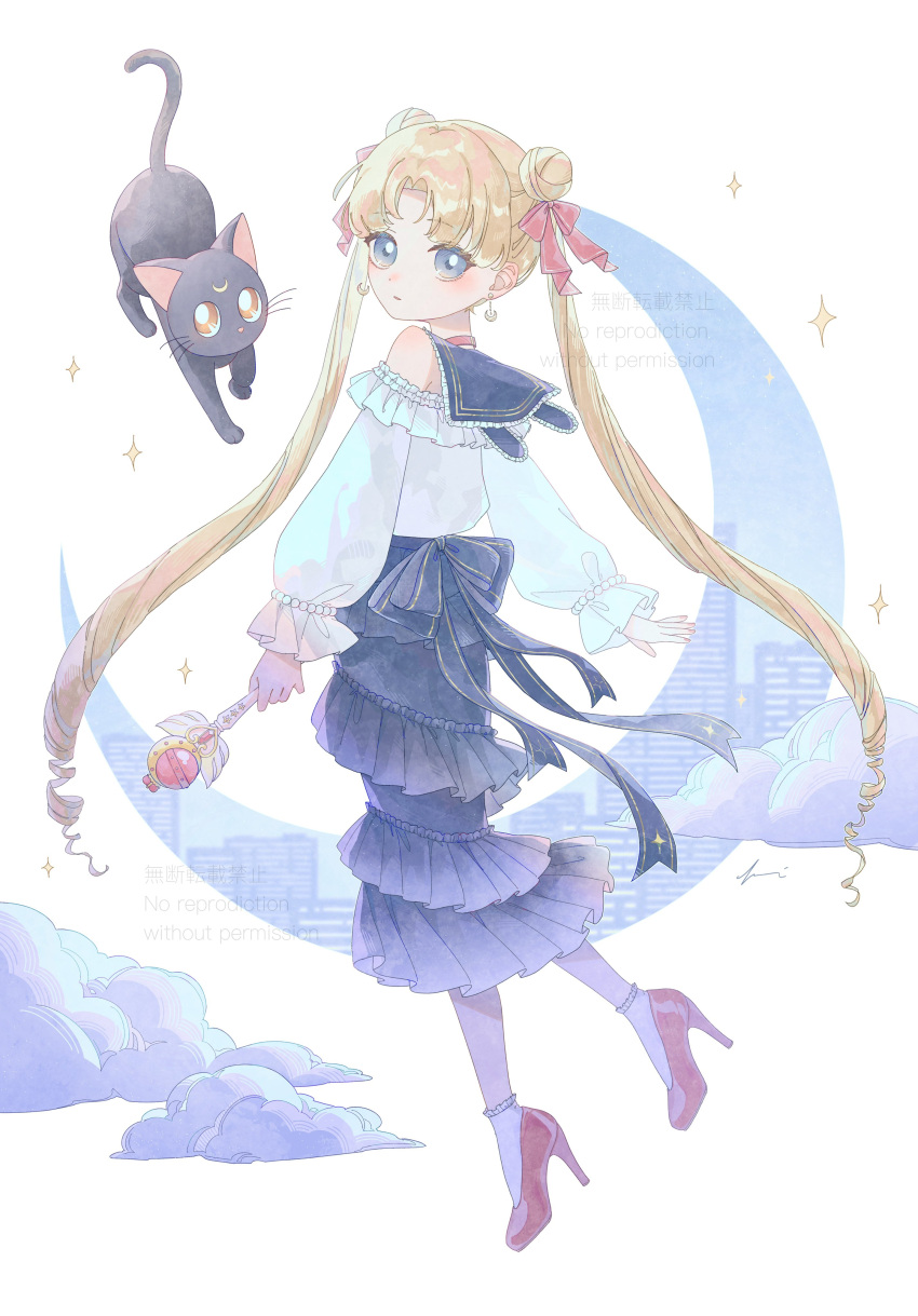 1girl absurdres bare_shoulders bishoujo_senshi_sailor_moon blonde_hair blue_eyes blush cat choker cityscape cloud crescent_moon double_bun earrings expressionless full_body hair_bun hair_ribbon high_heels highres holding holding_wand jewelry long_hair long_skirt long_sleeves looking_at_viewer looking_back luna_(sailor_moon) moon off-shoulder_shirt off_shoulder parted_lips ribbon sailor_collar shirt skirt socks solo sparkle tsukino_usagi twintails very_long_hair wand white_shirt white_socks yuge_kemuri