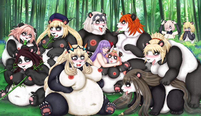 2023 absurd_res after_transformation anthro artoria_caster astolfo_(fate) bamboo bamboo_forest bear big_breasts black_hair blonde_hair breasts circe_(fate/grand_order) da_vinci_(fate) day digital_media_(artwork) esotericer fate_(series) female forest from_behind_position giant_panda group hair hand_on_breast hi_res holding_bamboo huge_breasts human human_to_anthro jeanne_d'arc_(fate) mammal mordred_(fate) mounting navel nipples outside overweight overweight_anthro pawpads pink_hair plant purple_hair red_hair ritsuka_fujimaru semiramis_(fate) sex shocked smile species_transformation story story_in_description tongue tongue_out transformation tree type-moon
