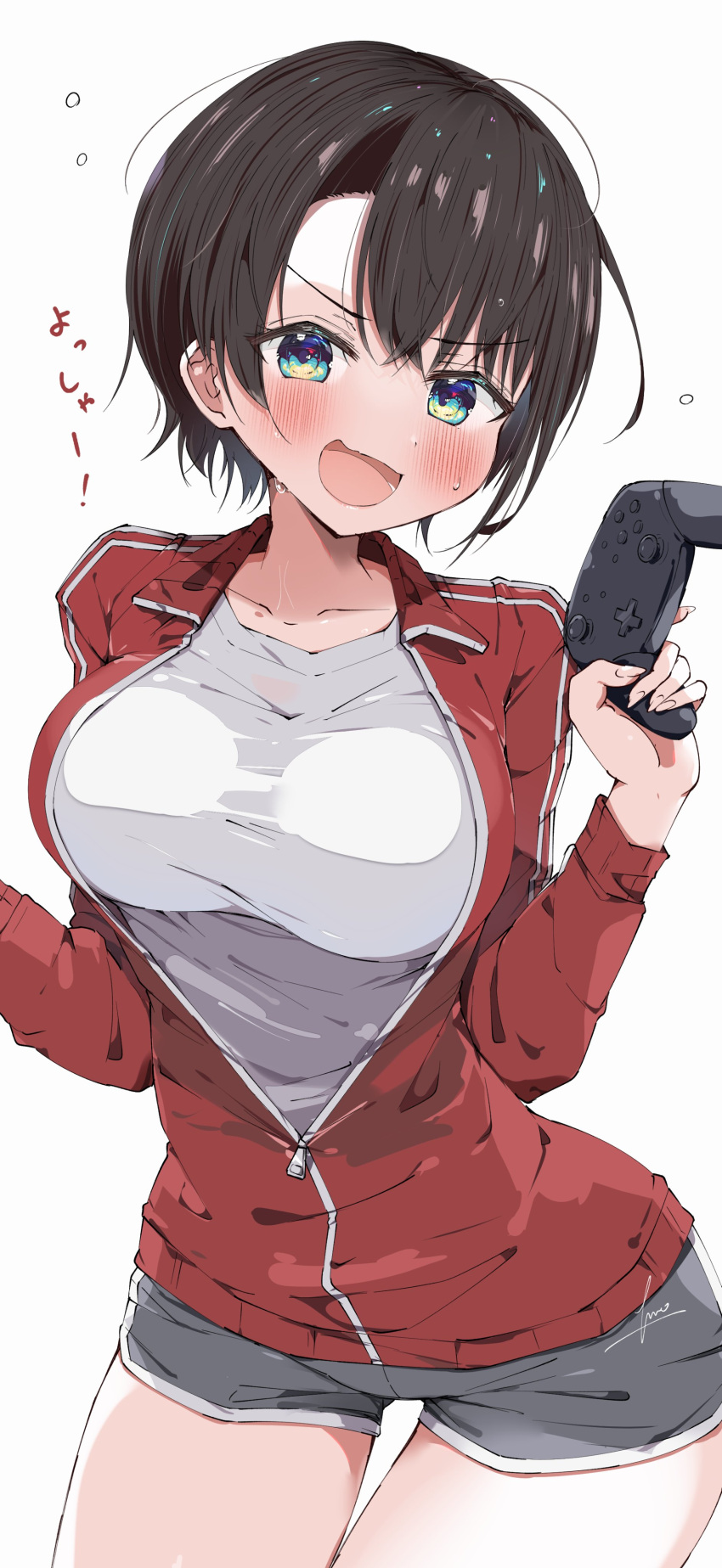 1girl absurdres alternate_costume aqua_eyes blush breasts brown_hair collarbone controller cowboy_shot game_controller green_eyes grey_shorts highres hololive jacket kuno_(kc9s) large_breasts leaning_forward long_sleeves looking_at_viewer oozora_subaru open_mouth partially_unzipped red_jacket shirt short_hair short_shorts shorts simple_background smile solo swept_bangs taut_clothes taut_shirt thigh_gap thighs track_jacket translation_request virtual_youtuber white_background white_shirt wide_hips