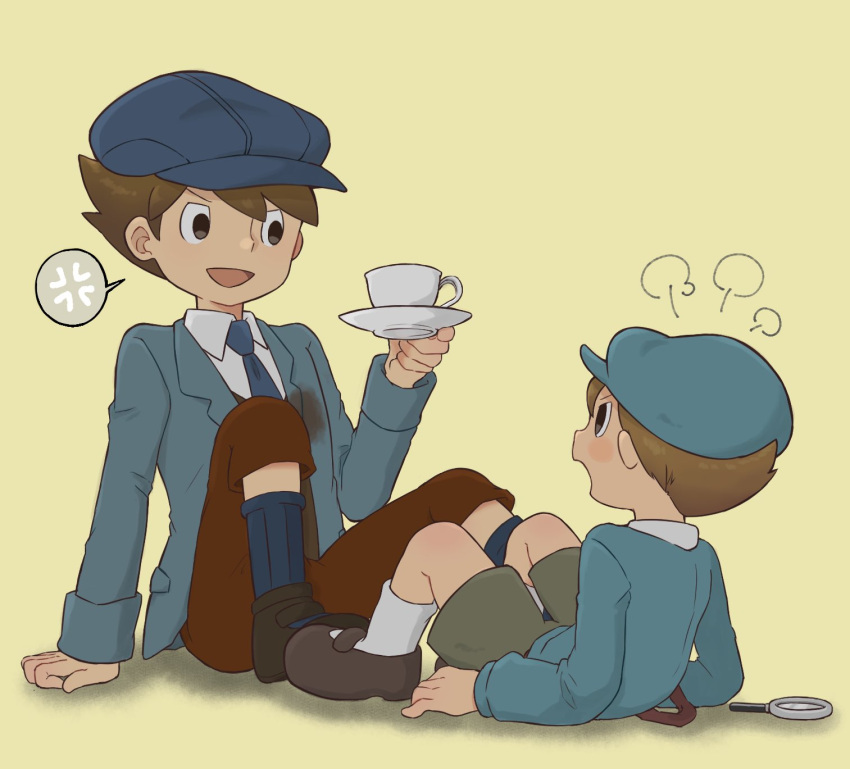 2boys =3 anger_vein angry arm_support black_eyes black_footwear blue_headwear blue_jacket blue_necktie blue_socks blue_sweater blush brown_hair brown_pants cabbie_hat collared_shirt commentary_request cup full_body future_luke green_shorts hand_up hat highres holding holding_saucer jacket kiwami_(kiwamimuneko) knees_up long_sleeves looking_at_another luke_triton magnifying_glass male_focus multiple_boys necktie open_clothes open_jacket open_mouth pants professor_layton professor_layton_and_the_unwound_future saucer shirt shoes short_hair shorts sitting smile socks spoken_anger_vein stained_clothes sweater white_shirt white_socks yellow_background