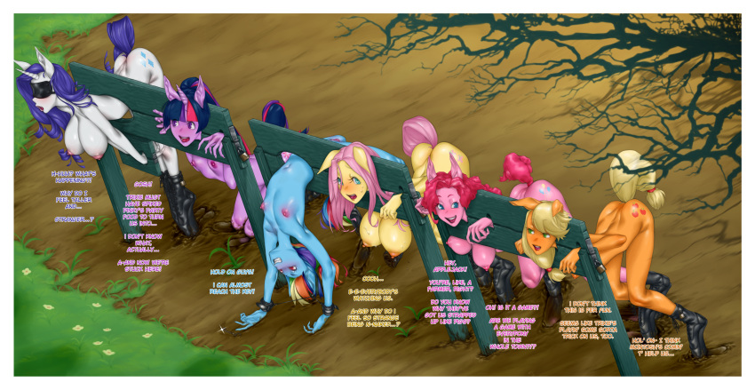 2021 absurd_res alternate_species animal_humanoid applejack_(mlp) apuru-kun bent_over big_breasts blindfold blonde_hair blue_body breast_size_difference breasts clothing dialogue english_text equid equid_humanoid equine equine_humanoid female fluttershy_(mlp) footwear footwear_only friendship_is_magic genitals group hair hanging_breasts hasbro hi_res horn humanoid humanoidized kneeling mammal mammal_humanoid mostly_nude mud multicolored_hair my_little_pony nipples orange_body pink_body pink_hair pinkie_pie_(mlp) public_use purple_body purple_hair pussy rainbow_dash_(mlp) rainbow_hair rarity_(mlp) restraints small_breasts stocks text twilight_sparkle_(mlp) unicorn_humanoid white_body yellow_body