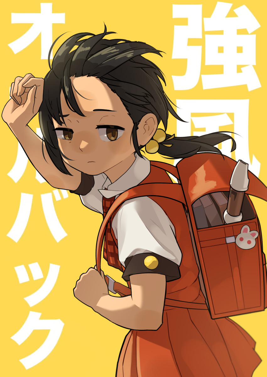 1girl absurdres adjusting_strap backpack bag bag_charm black_hair blush book brown_eyes charm_(object) closed_mouth commentary copyright_name cowboy_shot dress dress_shirt elbow_blush floating_hair forehead_blush from_side frown hair_bobbles hair_ornament hair_slicked_back hand_to_forehead highres holding_strap instrument kaai_yuki kyoufuu_all_back_(vocaloid) light_blush light_frown looking_at_viewer looking_to_the_side low_twintails lowered_eyelids necktie nose_blush open_bag pinafore_dress plaid_necktie pleated_dress puffy_short_sleeves puffy_sleeves rabbit_symbol randoseru recorder red_bag red_dress red_necktie school_uniform shirt short_sleeves simple_background sleeveless sleeveless_dress solo translated twintails ujuro vocaloid walking white_shirt wind yellow_background