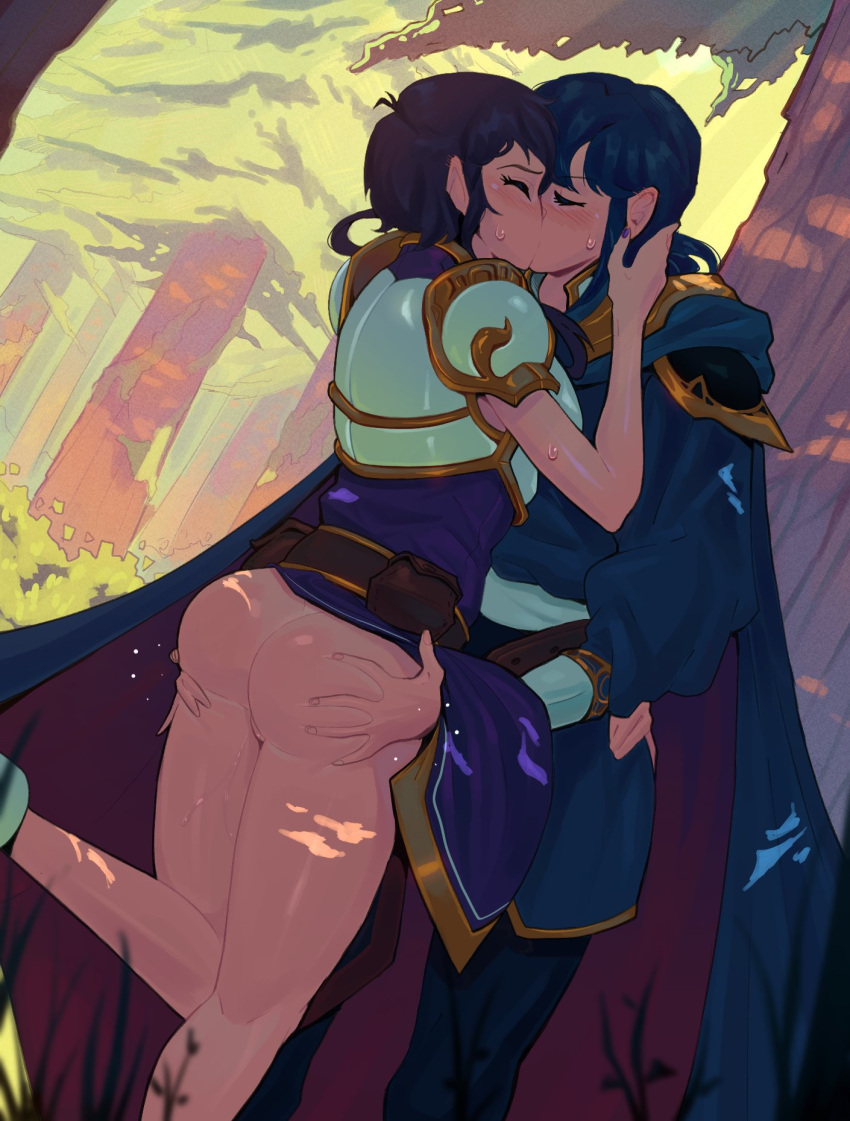 1boy 1girl armor ass ass_grab blue_hair blush breastplate cape closed_eyes commission commissioner_upload couple fire_emblem fire_emblem:_genealogy_of_the_holy_war forest french_kiss grabbing_another's_ass groping hetero highres hug kiss larcei_(fire_emblem) leg_up nature no_panties pussy pussy_juice pussy_peek seliph_(fire_emblem) short_hair skirt standing standing_on_one_leg sweat timbocactus tree