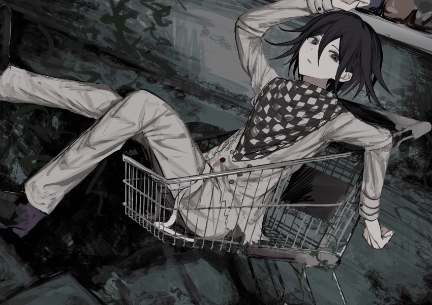 1boy absurdres arm_up black_background black_hair buttons checkered_clothes checkered_scarf danganronpa_(series) danganronpa_v3:_killing_harmony double-breasted from_side grey_background grey_jacket grey_pants hair_between_eyes highres jacket long_sleeves looking_at_viewer oma_kokichi open_mouth pants purple_eyes scarf shoes shopping_cart solo torn_jacket wa_noko