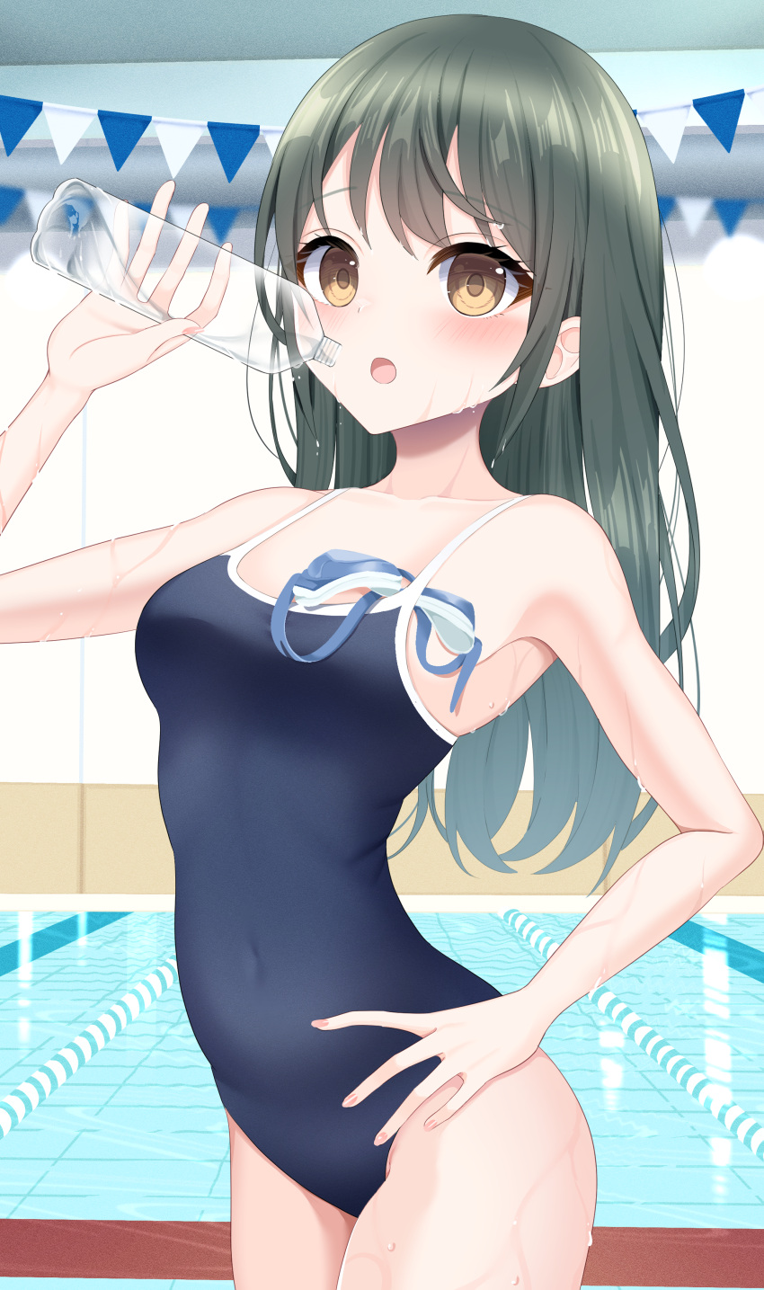 1girl absurdres black_hair blue_one-piece_swimsuit breasts brown_eyes commentary_request competition_school_swimsuit cowboy_shot goggles goggles_removed hand_on_own_hip highres indoors lane_line long_hair medium_breasts one-piece_swimsuit original pool school_swimsuit solo stigma1101 swimsuit