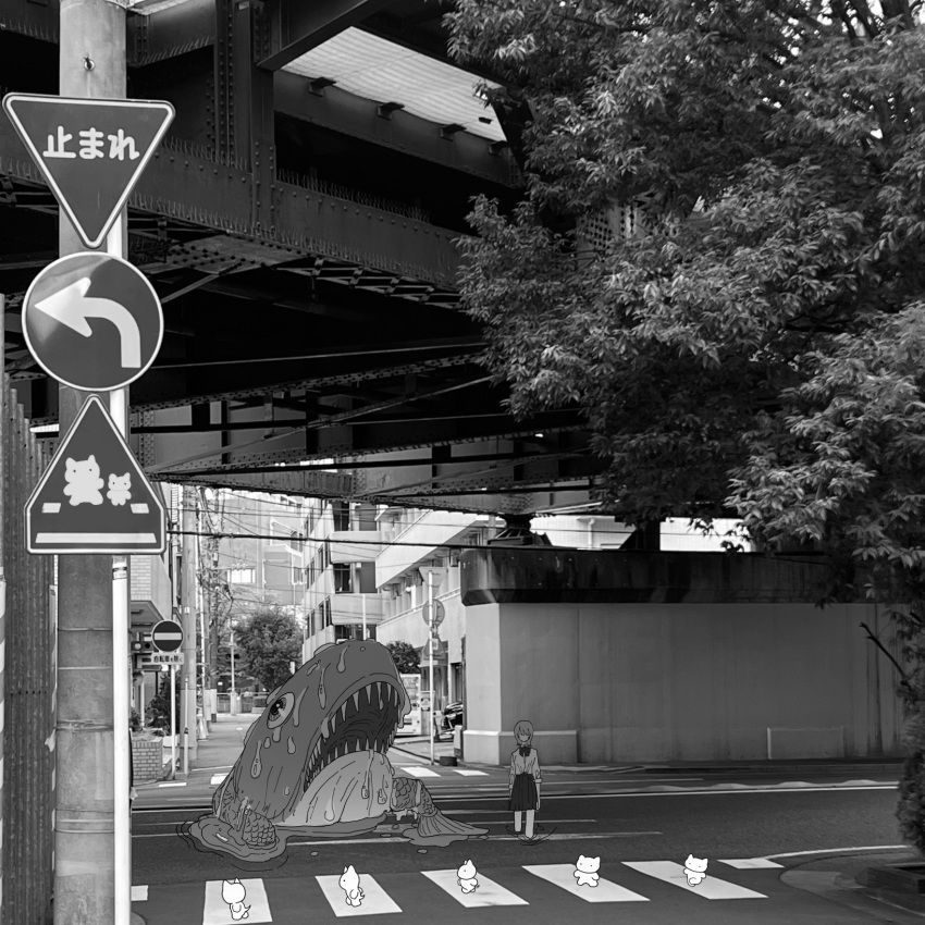 1girl building city commentary creature crosswalk greyscale highres intersection monochrome monster narue original outdoors photo_background real_world_location road road_sign scenery sign solo standing street symbol-only_commentary very_wide_shot