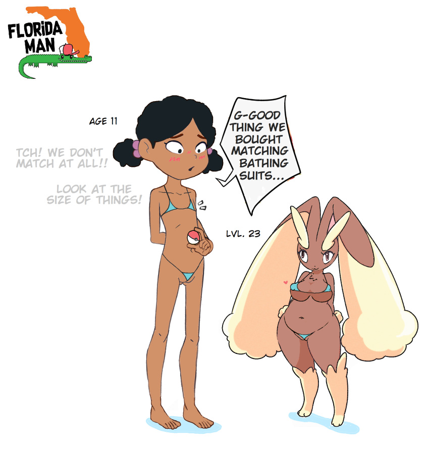 anthro barefoot big_breasts big_butt bikini black_eyes black_hair bottomwear breasts butt child clothing creatures_(company) dark_body dark_skin duo english_text feet female flat_chested florida_man game_freak generation_4_pokemon genitals hair hi_res huge_butt human jealous lagomorph legwear leporid long_ears lopunny mammal medium_breasts nintendo nipple_outline open_mouth pokeball pokemon pokemon_(species) pokemon_trainer pussy pussy_floss rabbit_ears scut_tail shadow short_stack short_tail simple_background skirt small_waist stated_age stated_underage swimwear tail text thick_thighs thigh_highs young