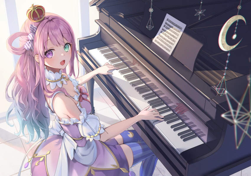 1girl absurdres blue_thighhighs breasts candy_hair_ornament cleavage collar crown detached_collar dress food-themed_hair_ornament fuyoyo gradient_hair green_eyes hair_ornament heterochromia highres himemori_luna himemori_luna_(1st_costume) hololive instrument looking_at_viewer mini_crown multicolored_hair music open_mouth pink_dress pink_hair playing_instrument playing_piano purple_eyes sheet_music small_breasts smile solo striped striped_thighhighs thighhighs vertical-striped_thighhighs vertical_stripes virtual_youtuber white_collar