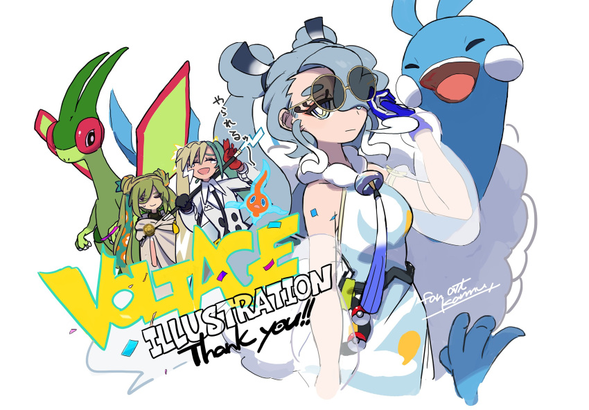 3girls altaria asymmetrical_gloves black_gloves blue_gloves blue_hair cane cape closed_eyes detached_sleeves double_bun dragon electric_miku_(project_voltage) flygon flying_miku_(project_voltage) gloves green_hair ground_miku_(project_voltage) hair_bun hatsune_miku highres holding holding_cane long_hair mismatched_gloves multicolored_hair multiple_girls open_mouth pokemon pokemon_(creature) project_voltage red_gloves rotom rotom_(normal) see-through see-through_sleeves siirakannu simple_background sunglasses twintails two-tone_hair very_long_hair vocaloid wind_chime