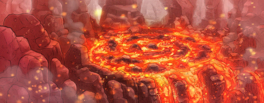 artist_request cave cave_interior commentary embers english_commentary fushigi_no_dungeon game_cg lavafall molten_rock no_humans official_art pokemon pokemon_(game) pokemon_mystery_dungeon red_theme rock scenery smoke third-party_source wide_shot