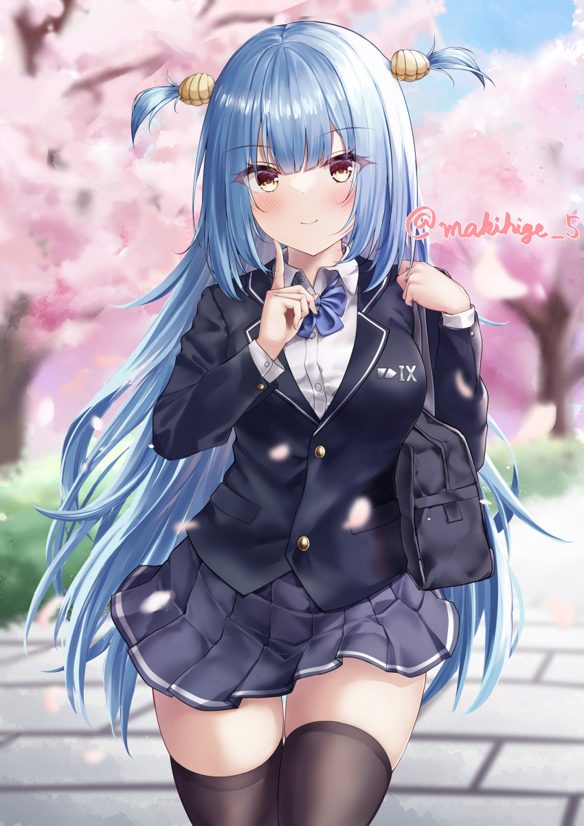1girl absurdres artist_name azur_lane bag blue_bow blue_bowtie blue_hair blue_jacket blurry blurry_background bow bowtie breasts brown_thighhighs cherry_blossoms clam_shell collared_shirt cowboy_shot fake_antlers highres jacket large_breasts long_hair makihige neptune_(azur_lane) outdoors pleated_skirt school_bag school_uniform shell_hair_ornament shirt skirt solo thighhighs uniform very_long_hair white_shirt world_of_warships zettai_ryouiki