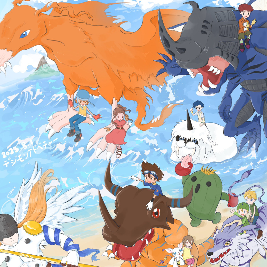 angemon animal_ears birdramon boxing_gloves bug cactus cat cat_ears digimon digimon_(creature) exoskeleton female_child garurumon glasses gloves greymon highres holy_ring horns ikkakumon ishida_yamato izumi_koushirou kabuterimon kido_jou multiple_boys multiple_girls orange_hair piggypoppy1 pink_shorts plant red_gloves rhinoceros_beetle sharp_teeth shorts spines tachikawa_mimi tail tailmon takaishi_takeru takenouchi_sora teeth togemon water yagami_hikari yagami_taichi