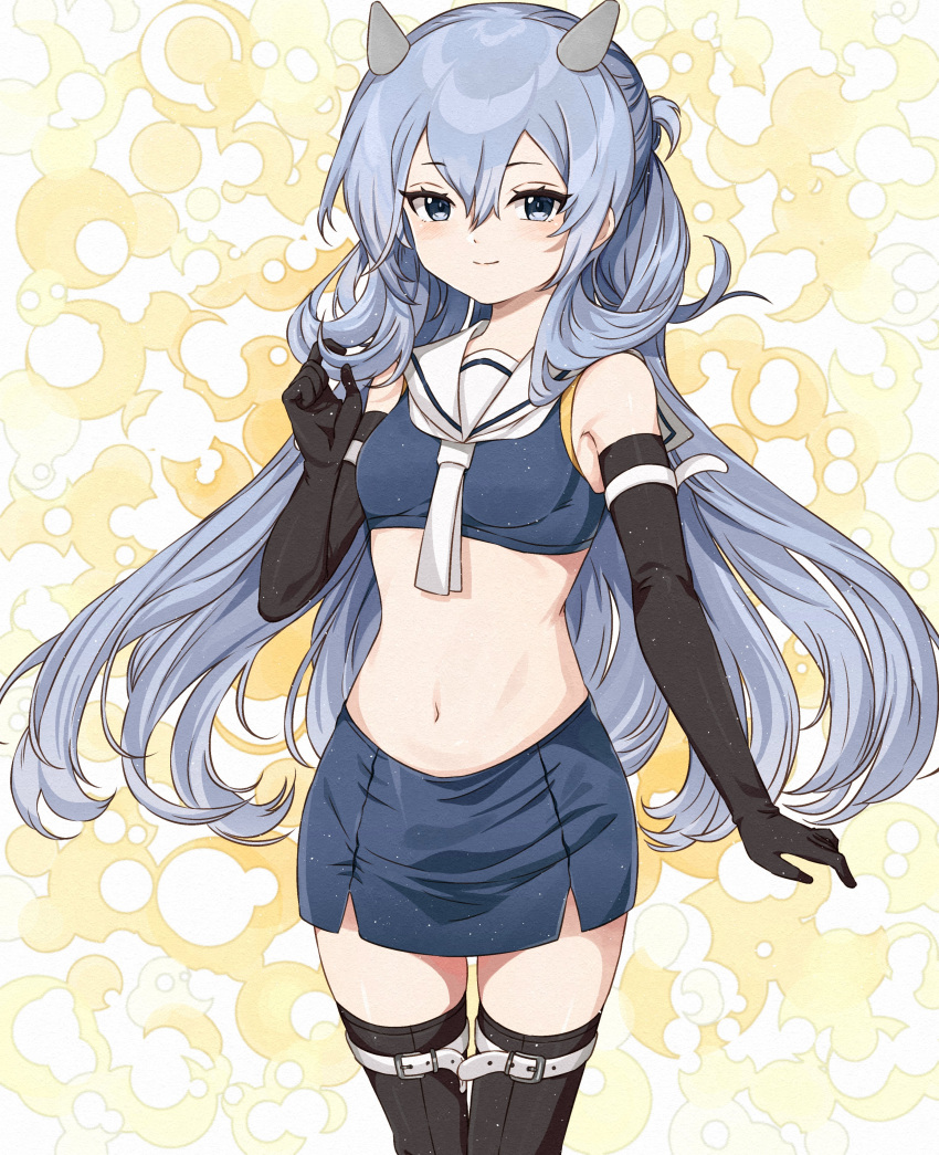 1girl absurdres black_gloves black_thighhighs blue_skirt blush closed_mouth crop_top elbow_gloves gloves grey_eyes grey_hair hair_between_eyes headgear highres i-203_(kancolle) kanmiya_shinobu kantai_collection long_hair midriff navel neckerchief nontraditional_school_swimsuit pencil_skirt sailor_collar school_swimsuit skirt smile solo swimsuit thighhighs white_neckerchief white_sailor_collar