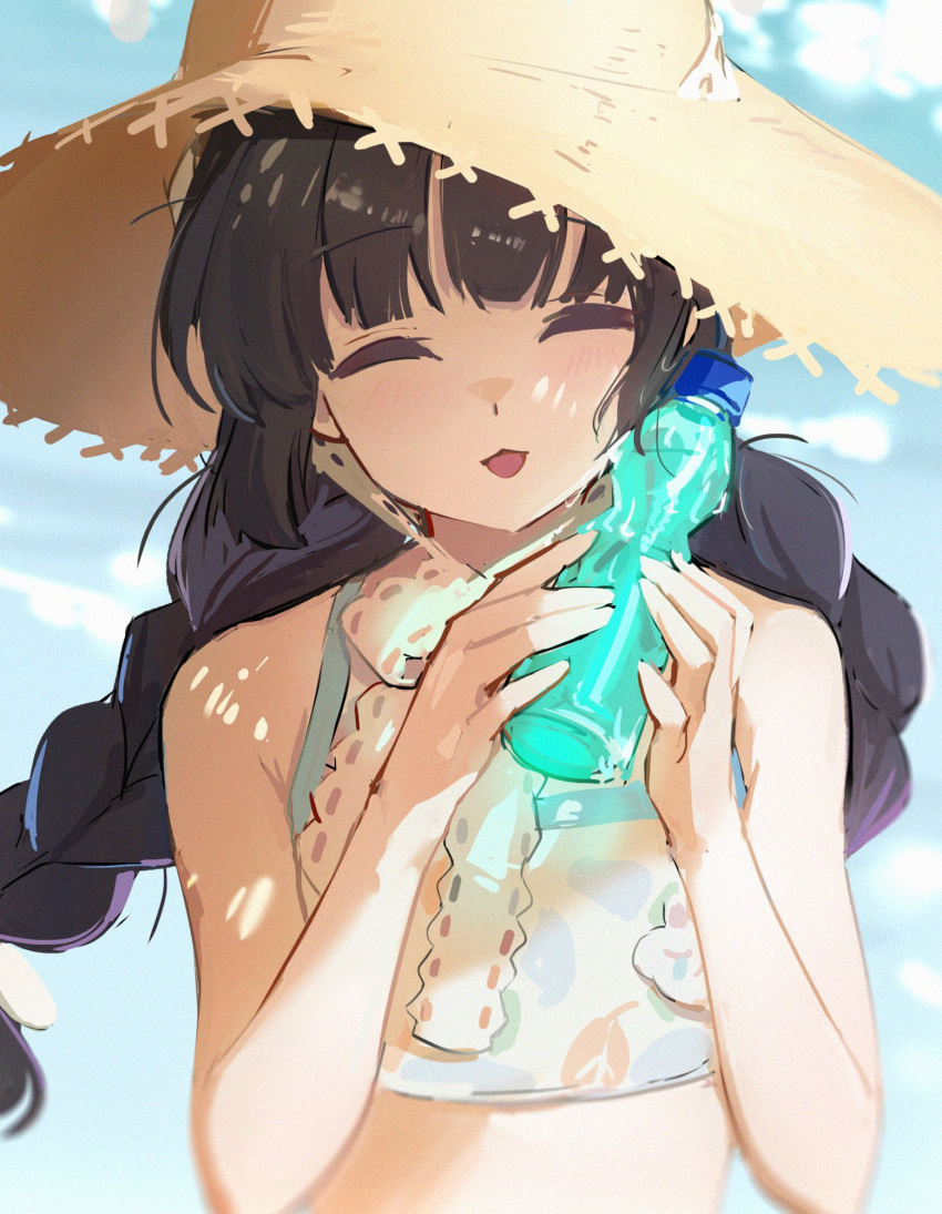 1girl =3 bare_shoulders black_hair blue_archive blurry braid closed_eyes cloud commentary_request condensation facing_viewer flat_chest hat highres light_blush long_hair miyu_(blue_archive) miyu_(swimsuit)_(blue_archive) open_mouth outdoors ramune shioda_(shioda_5) sky solo straw_hat sweat swimsuit teardrop twin_braids very_long_hair