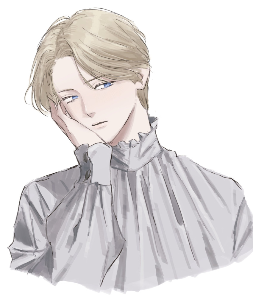 1boy bangs bishounen blonde_hair blue_eyes chokeke_005 frilled_shirt_collar frills hand_on_own_cheek hand_on_own_face high_collar highres johan_liebert long_sleeves looking_at_viewer male_focus monster_(manga) parted_bangs puffy_long_sleeves puffy_sleeves shirt short_hair solo upper_body white_background white_shirt