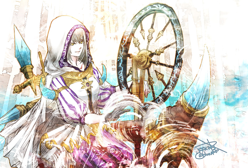 1girl black_gloves cowboy_shot crystal final_fantasy final_fantasy_xiv gloves hood hood_up looking_at_object nymeia_(ff14) ruka_(blueplus84) short_hair signature smile solo spinning_wheel striped_sleeves twitter_username white_hair yellow_eyes