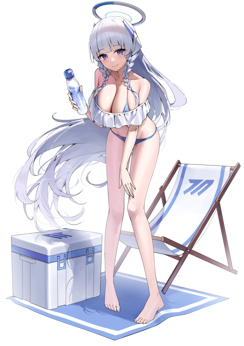 1girl absurdres bare_legs bare_shoulders barefoot bikini blue_archive blue_bikini blush bottle braid breasts cleavage closed_mouth collarbone grey_hair halo highres holding holding_bottle large_breasts leaning_forward long_hair looking_at_viewer mechanical_halo noa_(blue_archive) purple_eyes sbgu shadow simple_background smile solo standing swimsuit twin_braids white_background