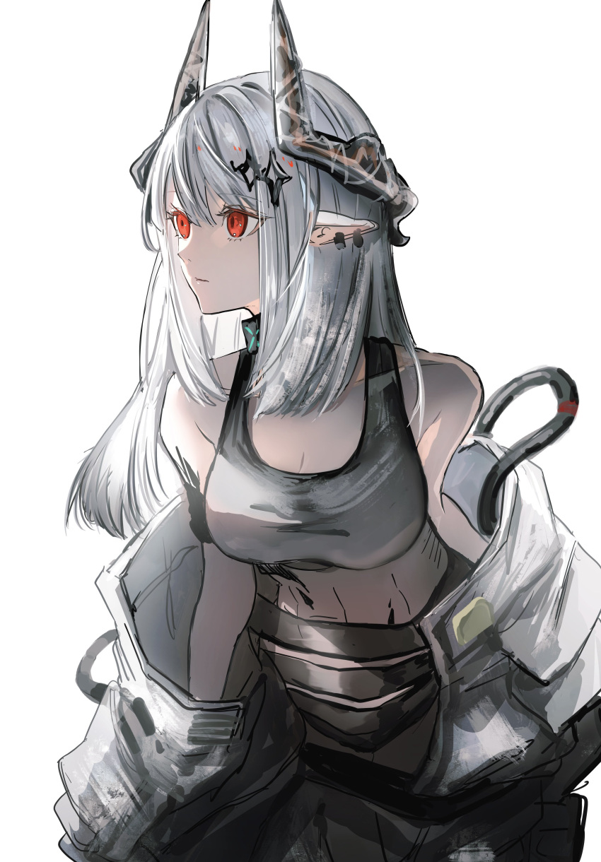 1girl absurdres arknights arms_at_sides black_sports_bra breasts cleavage commentary cowboy_shot demon_girl demon_horns earrings gawako grey_hair hair_ornament highres horns infection_monitor_(arknights) jewelry jumpsuit large_breasts looking_to_the_side medium_hair mudrock_(arknights) mudrock_(elite_ii)_(arknights) open_jumpsuit oripathy_lesion_(arknights) pointy_ears red_eyes serious sidelocks simple_background solo sports_bra toned white_background white_jumpsuit