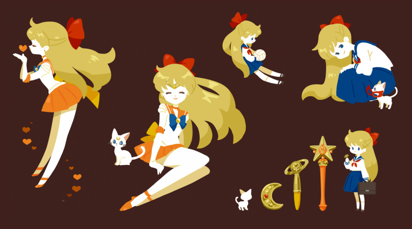 aino_minako bishoujo_senshi_sailor_moon blonde_hair blue_eyes blue_skirt bow brown_background cat closed_eyes earrings hair_bow jewelry long_hair mask orange_footwear orange_sailor_collar orange_skirt pettyraps pleated_skirt red_bow sailor_collar sailor_senshi sailor_venus skirt smile socks white_cat white_socks