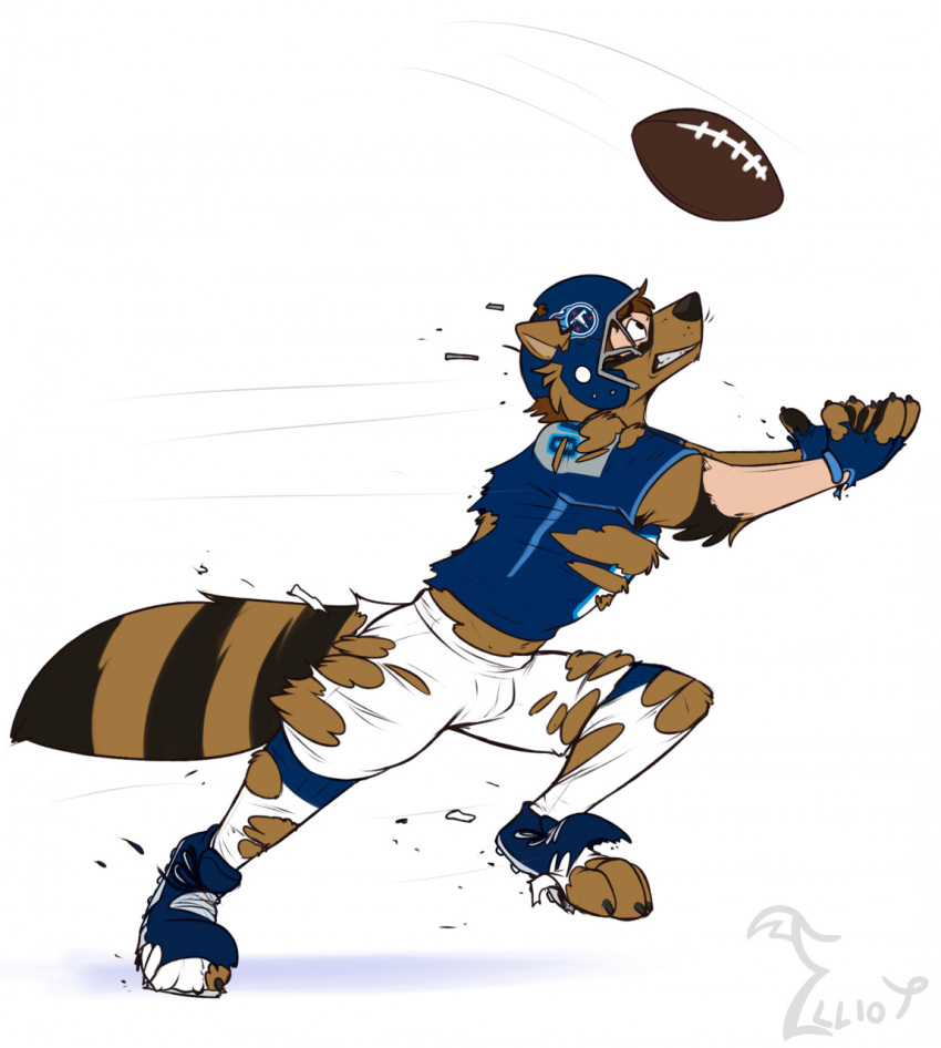 2022 anthro armor binturongboy bottomwear broken_helmet brown_body brown_fur cleats clenched_teeth clothing fingerless_gloves football_(object) football_gear football_helmet football_jersey football_pants football_player football_uniform footwear fur gloves growth handwear headgear helmet hi_res human_to_anthro jersey male mammal mascot nfl pants pheagle procyonid raccoon running simple_background socks solo species_transformation t-rac tail_growth_in_pants teeth tennessee_titans torn_clothing transformation white_background