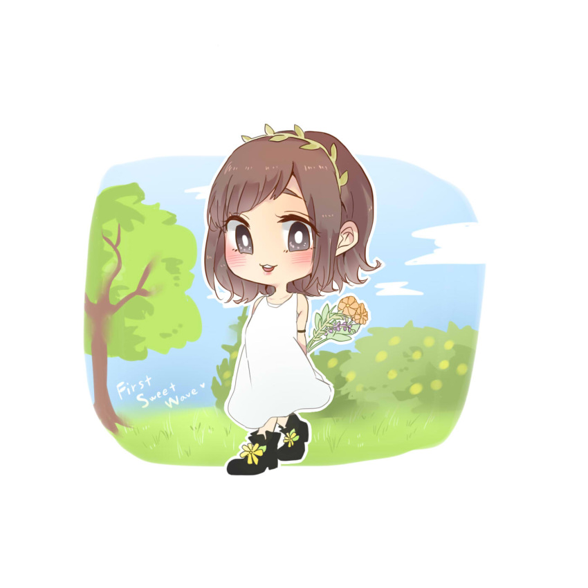 1girl :3 armlet black_footwear blush breasts brown_eyes brown_hair chibi collarbone commentary_request dress flower head_wreath highres holding holding_flower kashikaze kusuda_aina long_hair looking_at_viewer medium_breasts open_mouth outdoors outline real_life sidelocks sleeveless sleeveless_dress smile solo teeth upper_teeth_only voice_actor white_dress white_outline