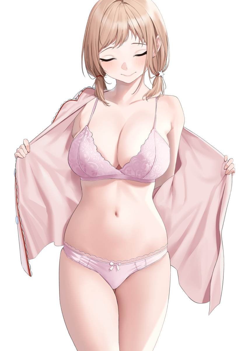 1girl blush bow bow_panties bra breasts cleavage closed_eyes collarbone highres idolmaster idolmaster_shiny_colors large_breasts light_brown_hair navel panties pink_bra pink_panties sakuragi_mano shinonome_shake shirt_hold short_twintails simple_background single_bare_shoulder skindentation smile solo stomach twintails underwear white_background