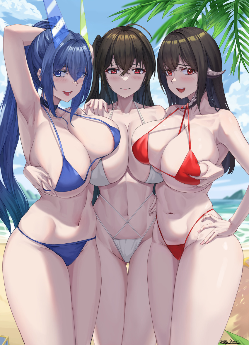 3girls absurdres azur_lane beach bikini breasts cowboy_shot grabbing grabbing_another's_breast grayfoxpochi highres huge_breasts looking_at_viewer multiple_girls new_jersey_(azur_lane) new_jersey_(midsummer_leisure)_(azur_lane) official_alternate_costume palm_tree royal_fortune_(azur_lane) royal_fortune_(eyes_on_the_prize)_(azur_lane) swimsuit taihou_(azur_lane) taihou_(seaside_daydreams)_(azur_lane) tree