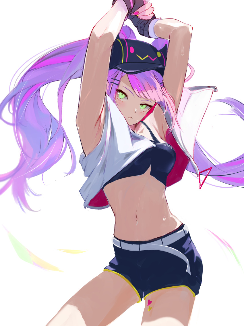 1girl absurdres armpits arms_up baseball_cap bibi_(tokoyami_towa) breasts cohi27151463 commentary_request green_eyes hair_ornament hairpin hat highres hololive long_hair looking_at_viewer midriff multicolored_hair navel purple_hair short_shorts shorts simple_background small_breasts solo streaked_hair sweat tokoyami_towa tokoyami_towa_(1st_costume) twintails virtual_youtuber white_background