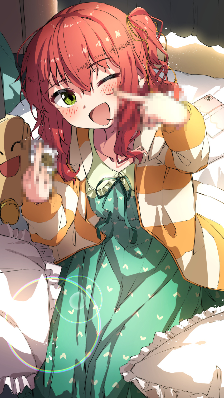 1girl absurdres ama_rei bed blush bocchi_the_rock! censored_gesture collarbone commentary double_middle_finger dress green_dress green_eyes highres indoors kita_ikuyo long_hair long_sleeves looking_at_viewer middle_finger one_eye_closed open_mouth red_hair sitting smile solo stuffed_toy sweater