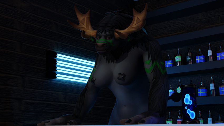 3_fingers 3d_(artwork) anthro antlers big_breasts black_body black_fur blizzard_entertainment bovid bovine breasts digital_media_(artwork) female fingers fur hi_res highmountain_tauren horn lamp lava_lamp mammal markings navel pasties snout solo tauren tavern toxik_enzis warcraft wide_hips