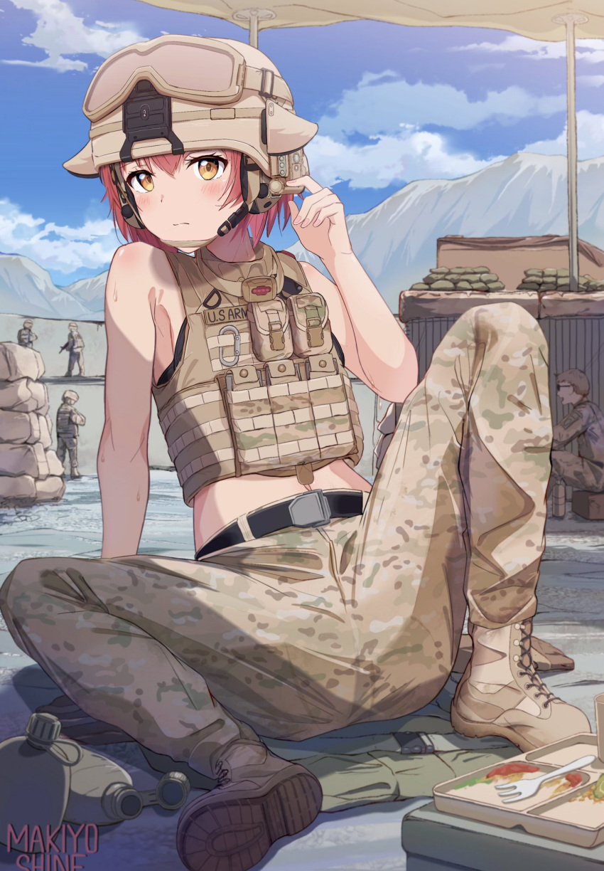 1girl 4boys artist_name ass black_bra bra camouflage camouflage_pants canteen chest_rig cloud cloudy_sky combat_helmet commentary commission english_commentary field_ration food fork green_pants helmet highres looking_at_viewer makiyo_shine military_base multiple_boys orange_hair original pants pink_hair skeb_commission sky stomach sweat underwear united_states_army vest war_in_afghanistan woodland_camouflage yellow_vest