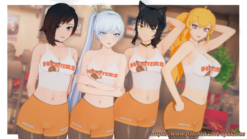3d 4girls ahoge animal_ears arms_behind_back bell black_choker black_hair blake_belladonna blonde_hair blue_eyes blurry blurry_background border breasts brown_pantyhose cat_ears cat_girl choker cleavage closed_mouth collarbone crossed_arms grey_eyes hair_ornament high_ponytail high_side_ponytail highres hooters jingle_bell koikatsu_(medium) large_breasts long_hair looking_at_viewer medium_breasts midriff multicolored_hair multiple_girls navel neck_bell nyxxzeiss orange_shorts pantyhose parted_lips patreon_username purple_eyes red_hair ruby_rose rwby scar scar_across_eye scar_on_face short_shorts shorts smile stomach streaked_hair tank_top very_long_hair web_address weiss_schnee white_border white_hair white_tank_top yang_xiao_long yellow_eyes