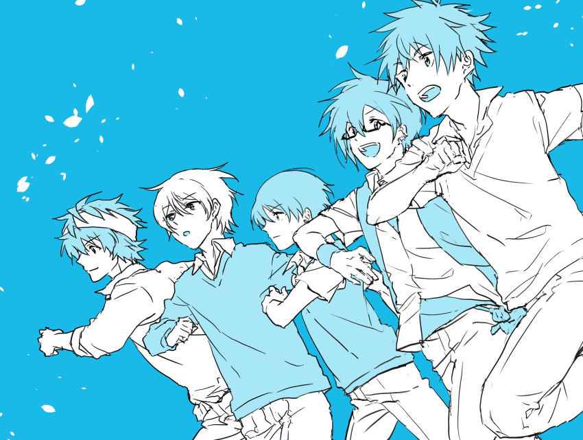 5boys akiyama_hayato blue_background blue_theme cardigan collared_shirt fuyumi_jun high_x_joker_(idolmaster) highres idolmaster idolmaster_side-m iseya_shiki limited_palette male_focus multiple_boys running sakaki_natsuki semi-rimless_eyewear shirt short_hair sweatband tarou_(2taro8) wakazato_haruna