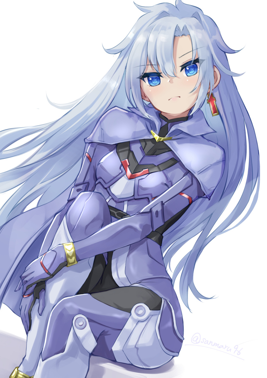 1girl a_(xenoblade) absurdres blue_cape breasts cape closed_mouth earrings frown grey_hair highres jewelry kuro_(be_ok) long_hair single_earring sitting small_breasts solo twitter_username very_long_hair xenoblade_chronicles_(series) xenoblade_chronicles_3 xenoblade_chronicles_3:_future_redeemed