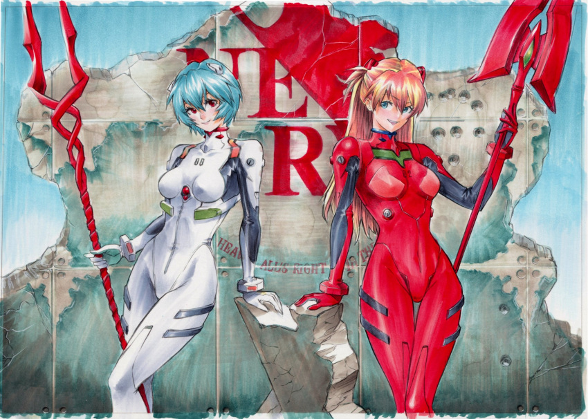 2girls ayanami_rei blue_eyes blue_hair bodysuit breasts brown_hair cleavage highres interface_headset long_hair medium_breasts multiple_girls neon_genesis_evangelion plugsuit red_eyes rodrigo_yoshimiya short_hair souryuu_asuka_langley