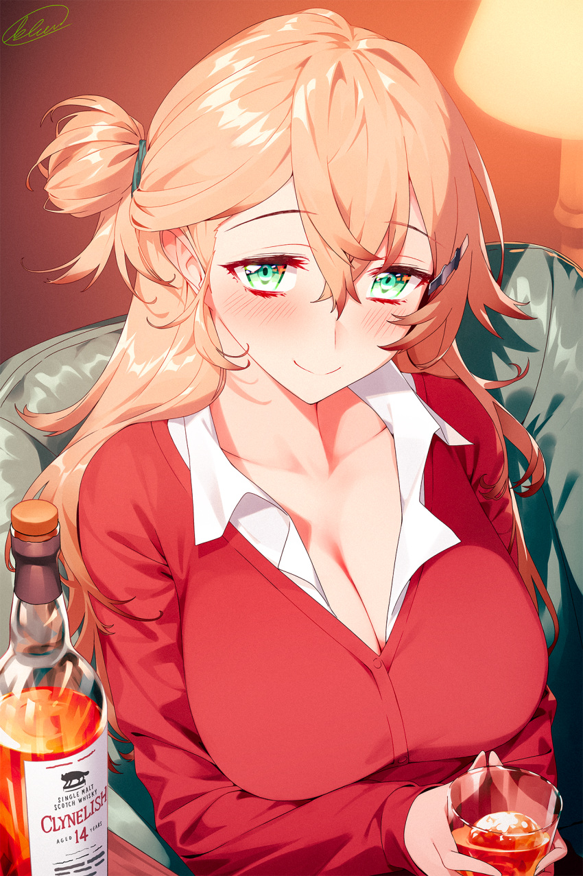 1girl alcohol armchair blew_andwhite blonde_hair blush breasts chair cleavage closed_mouth collared_shirt commentary_request cup glass glass_bottle green_eyes hair_between_eyes hair_bun hair_ornament hairclip highres holding holding_cup large_breasts long_hair long_sleeves looking_at_viewer original red_sweater shirt signature single_side_bun sitting smile solo sweater whiskey white_shirt