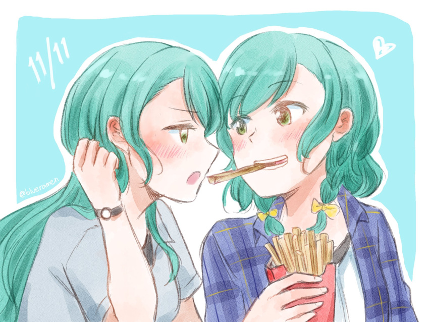 2girls aqua_hair bang_dream! blue_background blue_shirt blush braid commentary_request food french_fries green_eyes grey_shirt heart highres hikawa_hina hikawa_sayo holding holding_food imminent_kiss incest long_hair looking_at_another medium_hair multiple_girls open_mouth plaid plaid_shirt pocky pocky_day pocky_kiss shared_food shirt siblings signature sisters twin_braids twincest twins watch white_shirt xin_(blueramen) yuri